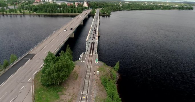 Flying over the railroad bridge on a summer day at Kemijärvi Finland