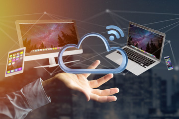 Devices like smartphone, tablet or computer flying over connected cloud - 3d render