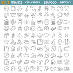Sea food. Call center service. Banking and finance. Human anatony line icons set