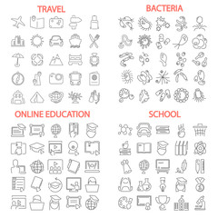 School education. Bacteria and viruses. Travel and vacation. Online education line icons set
