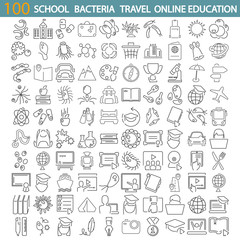 Fototapeta na wymiar School education. Bacteria and viruses. Travel and vacation. Online education line icons set