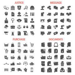 Message related. Law and Justice. Online purchase. Documents management simple icons set