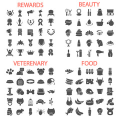 Food. Beauty. Veterenary shop. Rewards and medals simple icons set