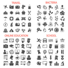 School education. Bacteria and viruses. Travel and vacation. Online education simple icons set