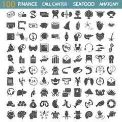 Sea food. Call center service. Banking and finance. Human anatony simple icons set