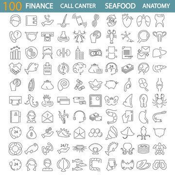 Sea food. Call center service. Banking and finance. Human anatony line icons set