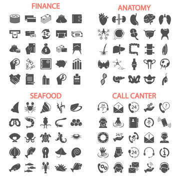 Sea food. Call center service. Banking and finance. Human anatony simple icons set