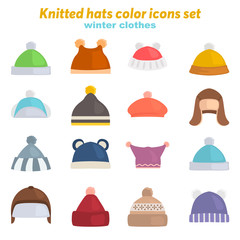 Winter hats color vector icons set. Flat design