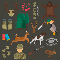 Hunting color vector icons set. Flat design