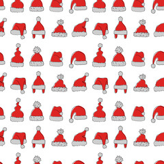 Seamless pattern with hand drawn hats of Santa Claus.