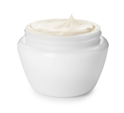 Jar with hand cream on white background