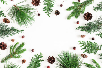 Fototapeta na wymiar Christmas composition. Coniferous tree branches on white background. Christmas, winter, new year concept. Flat lay, top view, copy space
