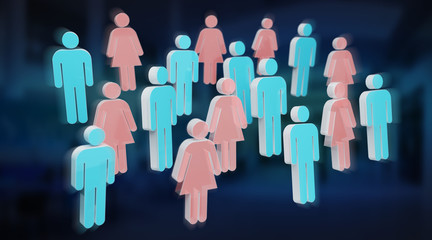 3D rendering group of people with blue man and pink woman