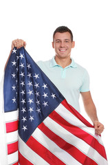 Portrait of man with American flag on white background