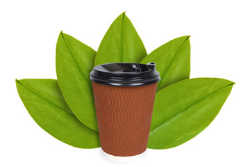 Take out coffee in disposable thermo cup on the background of green leaves. Isolated on white. concept of natural origin