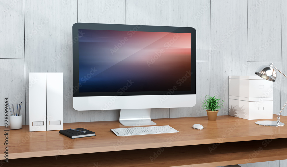 Poster computer and devices on modern wooden desk interior 3d rendering