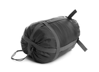 Sleeping bag in case on white background. Camping equipment