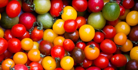 Different colorful cherry tomatoes at organic farmers market in Provence, France.