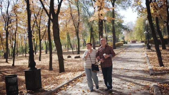 An elderly couple walking in the autumn Park. An elderly man and woman walking in the autumn Park and drink coffee from paper cups.