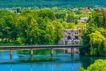 River Kupa Croatia landscape. / Aerial view at fort in old croatian town Ozalj, croatian historical...