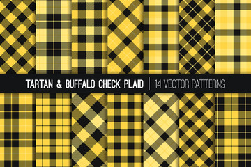
Yellow and Black Tartan and Buffalo Check Plaid Vector Patterns. Trendy 90s Style Fashion Textile Prints. Traditional Scottish Checkered Fabric Textures. Repeating Pattern Tile Swatches Included