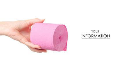 Toilet paper pink in hand pattern on white background isolation