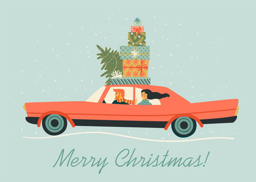 Christmas and Happy New Year illustration with red car. Trendy retro style.