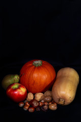 Autumn/Fall/Harvest vegetables, fruit and nuts against a black background.