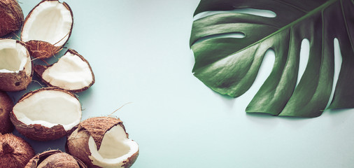 Coconut with tropical leaves on a blue background. Flat