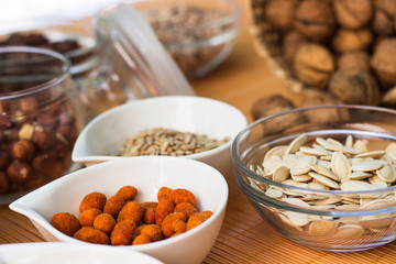 A collection of different dry fruits. Legume family 