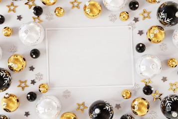 Christmas card mockup with golden baubles 3D rendering