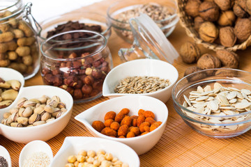 A collection of different dry fruits. Legume family 