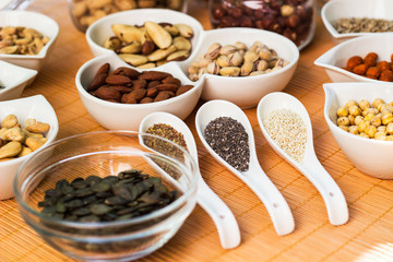 A collection of different dry fruits. Legume family 