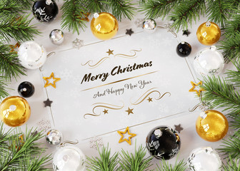Christmas card greetings with golden baubles 3D rendering