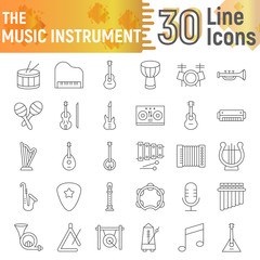 Music instrument thin line icon set, musical symbols collection, vector sketches, logo illustrations, sound signs linear pictograms package isolated on white background.