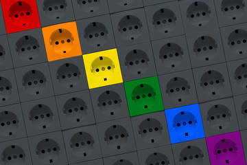 Electric outlets of rainbow colors on a background of gray sockets
