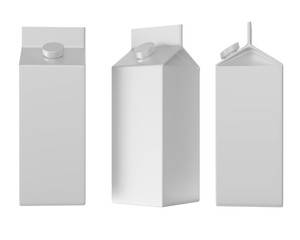 three cartons of white milk, isolated on white background, three views