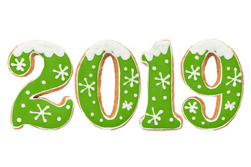 Naklejka premium Number 2019, New Year gingerbread, green icing, isolated on white background