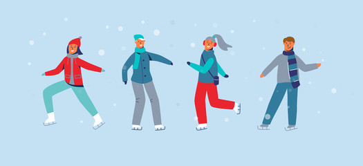 Happy Characters Skating on Ice Rink. Winter Season People Ice Skaters. Cheerful Man and Woman in Winter Clothes on Snowy Landscape. Vector illustration