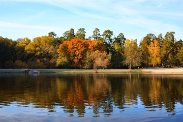 autumn landscape with lake and yellow and green trees reflecting in the water