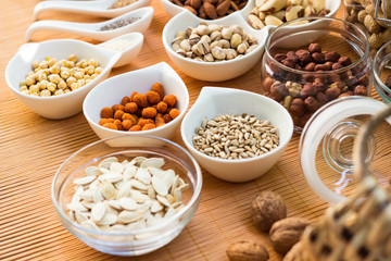 A collection of different dry fruits. Legume family 