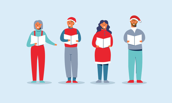 Happy People in Santa Hats Singing Christmas Carols. Winter Holidays Characters. Xmas Singers Caroling Choir Man and Woman. Vector illustration