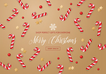 Christmas sale banner design with candy cane and decorations  top view background