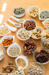A collection of different dry fruits. Legume family 