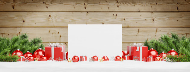 Blank Christmas card laying on red baubles and gift 3D rendering