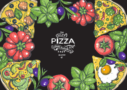 Italian pizza and ingredients top view frame. Colored illustration. Italian food menu design template. Vintage hand drawn vector illustration. Pizza label for menu.