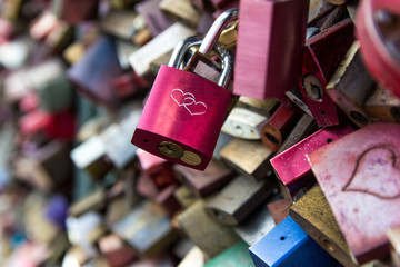 Padlocks on the bridge. Cologne, Germany. Detail view of padlocks from couples at the Hohenzollern Bridge.