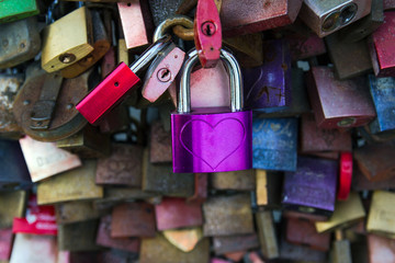 Padlocks on the bridge. Cologne, Germany. Detail view of padlocks from couples at the Hohenzollern...