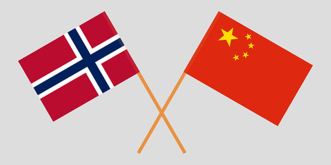 Norway and China. The Norwegian and Chinese flags. Official proportion. Correct colors. Vector