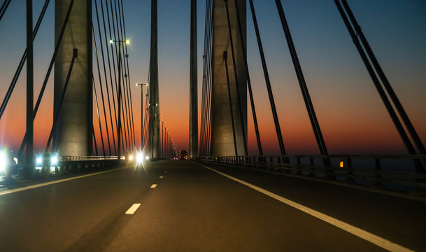 Oeresund bridge during crossing by car at night
